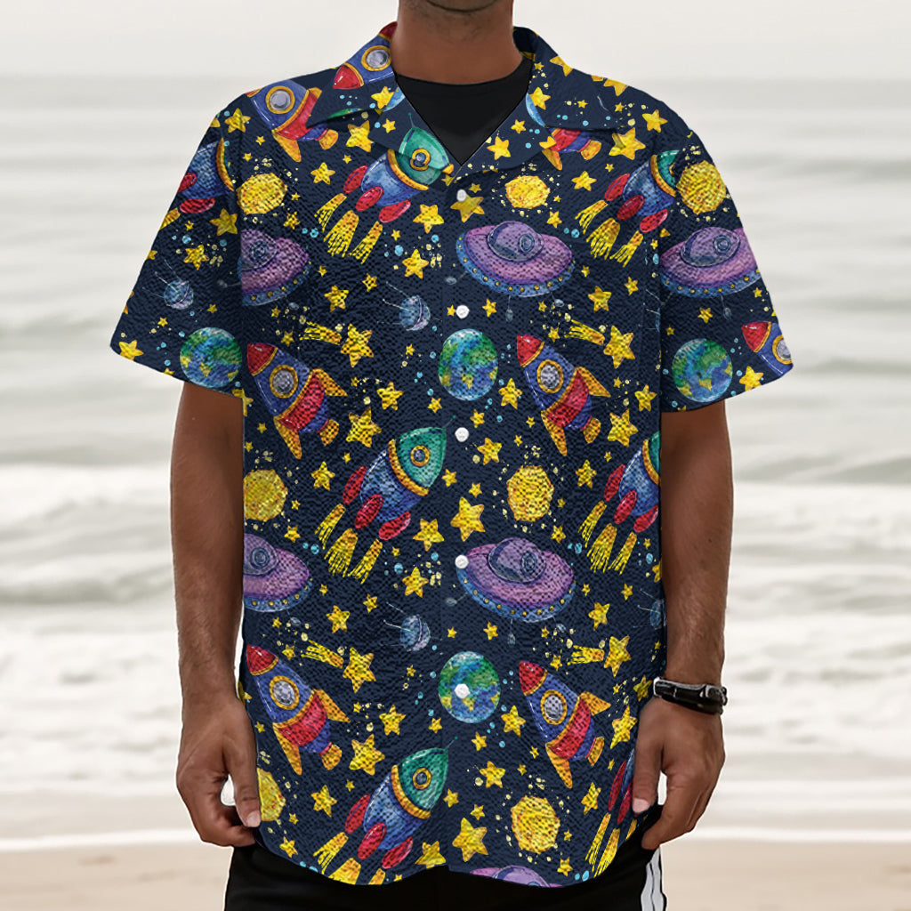 Watercolor Rocket Pattern Print Textured Short Sleeve Shirt