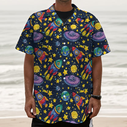 Watercolor Rocket Pattern Print Textured Short Sleeve Shirt