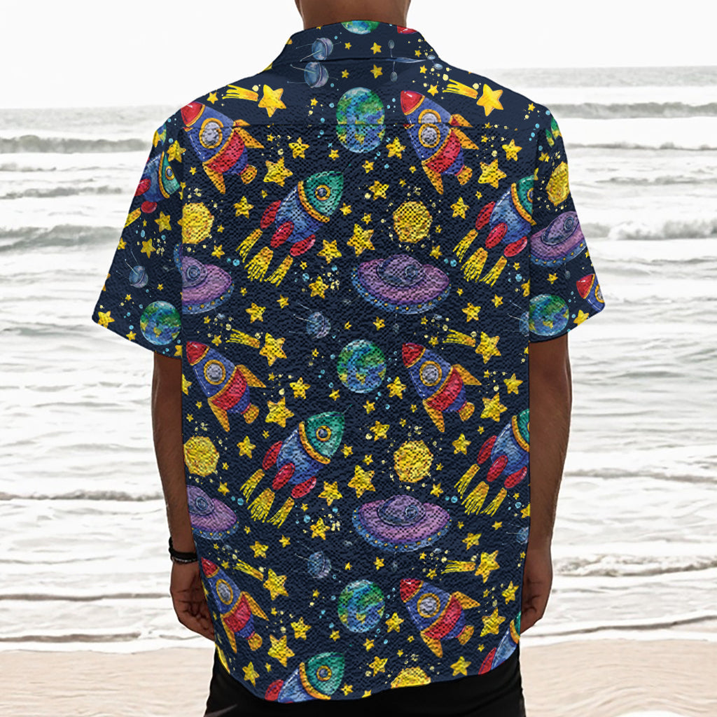 Watercolor Rocket Pattern Print Textured Short Sleeve Shirt
