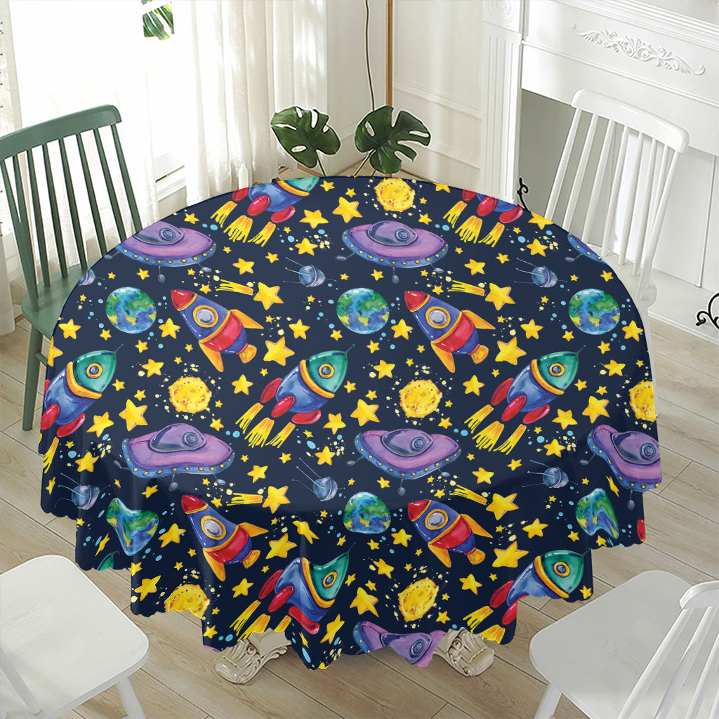 Watercolor Rocket Pattern Print Waterproof Round Tablecloth