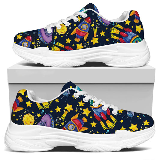 Watercolor Rocket Pattern Print White Chunky Shoes