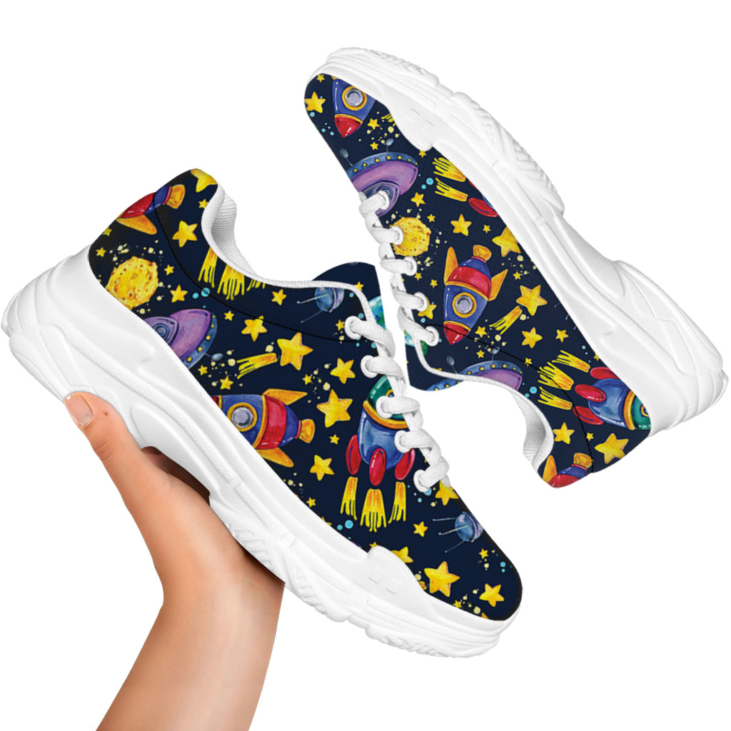 Watercolor Rocket Pattern Print White Chunky Shoes