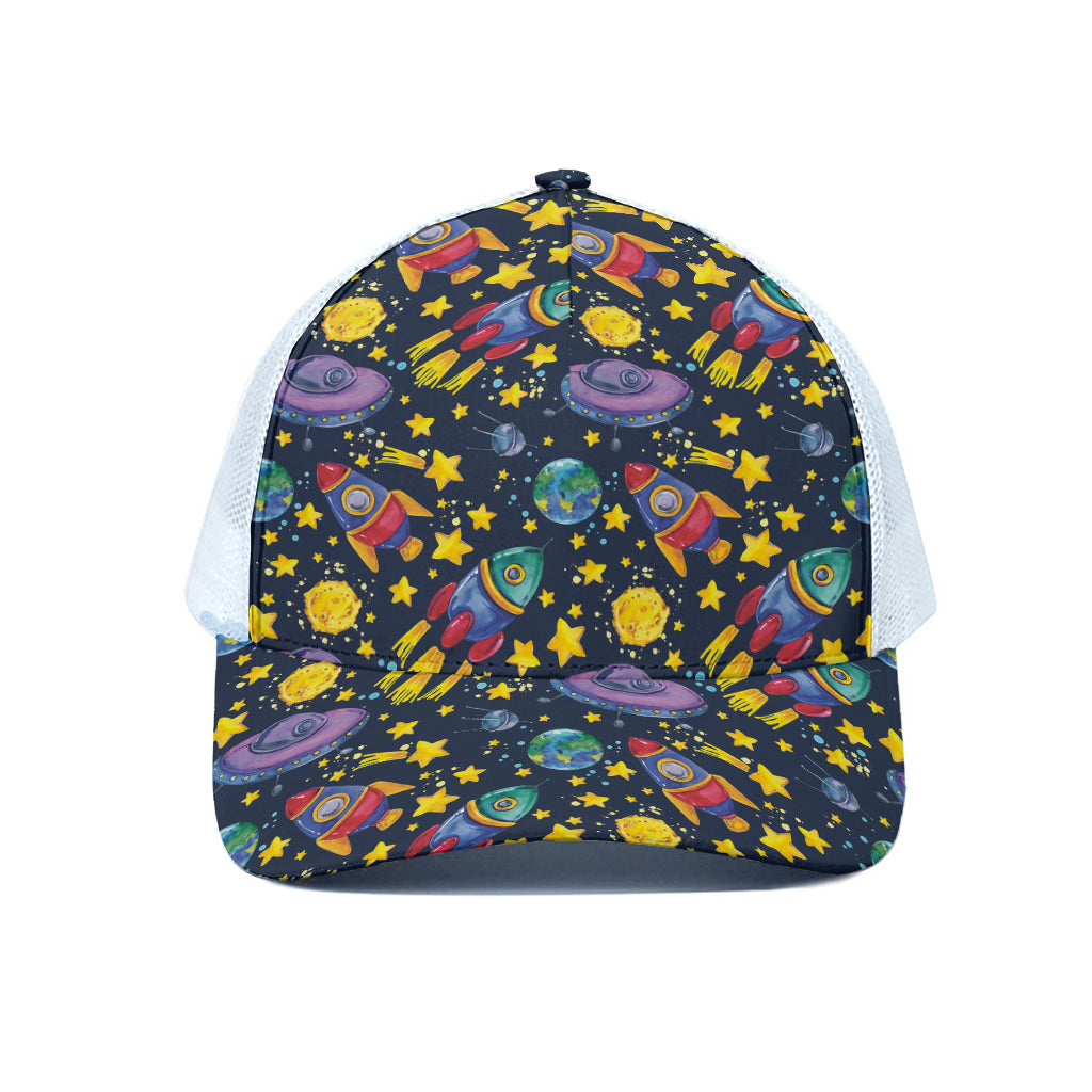 Watercolor Rocket Pattern Print White Mesh Trucker Cap