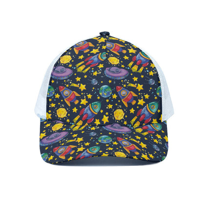 Watercolor Rocket Pattern Print White Mesh Trucker Cap