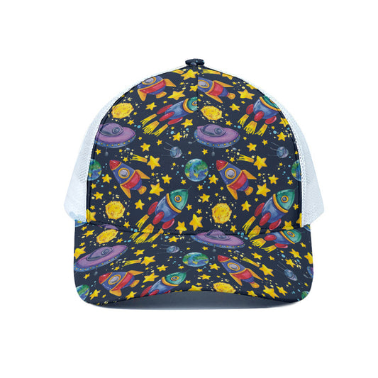 Watercolor Rocket Pattern Print White Mesh Trucker Cap