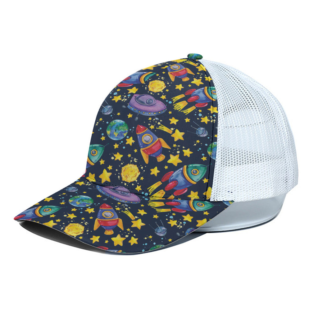 Watercolor Rocket Pattern Print White Mesh Trucker Cap