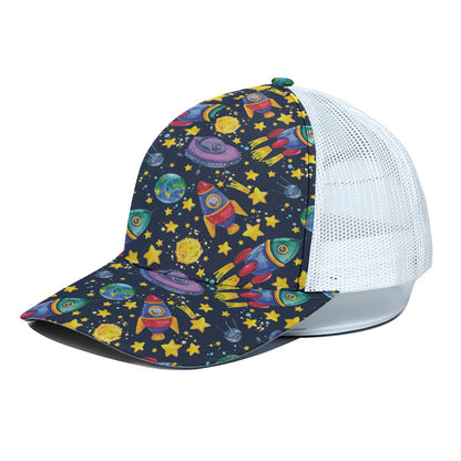 Watercolor Rocket Pattern Print White Mesh Trucker Cap