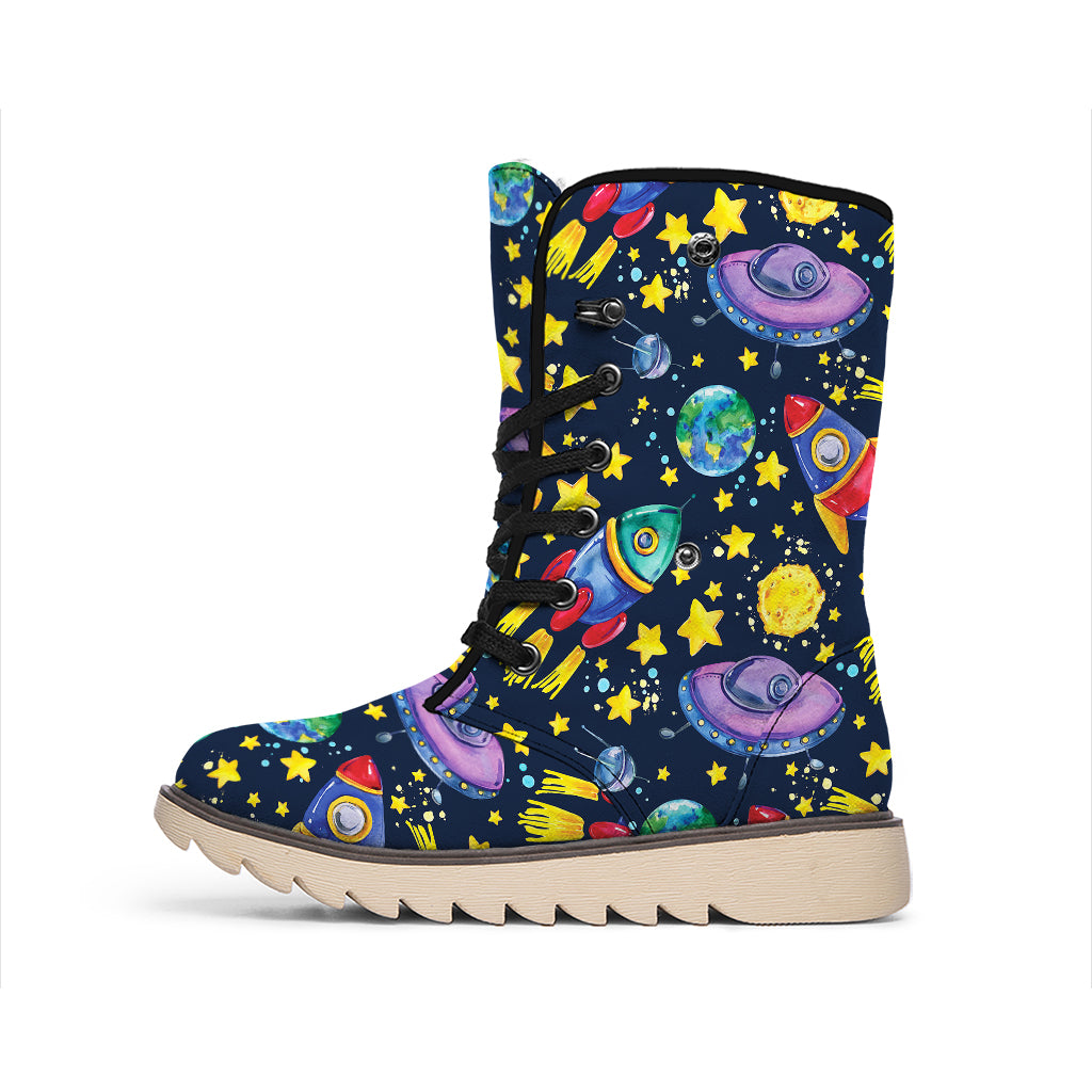 Watercolor Rocket Pattern Print Winter Boots