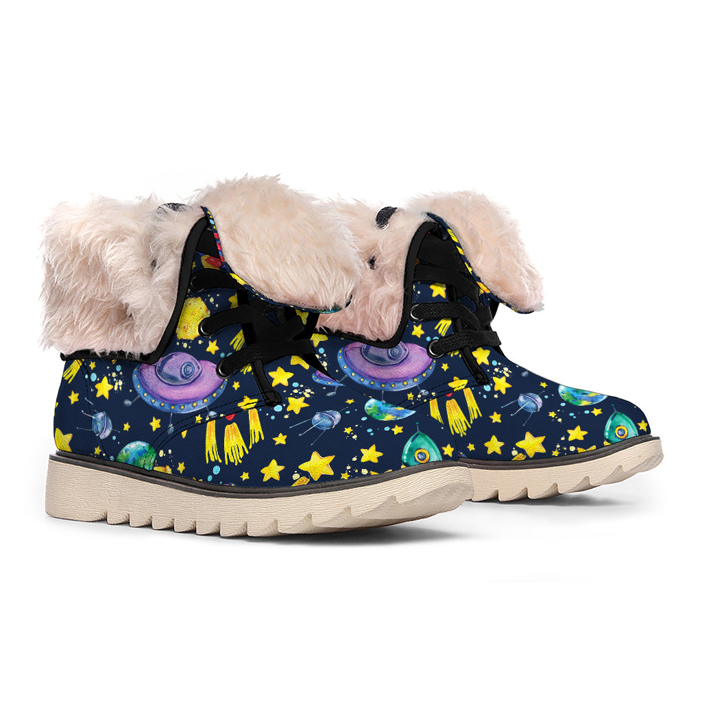 Watercolor Rocket Pattern Print Winter Boots