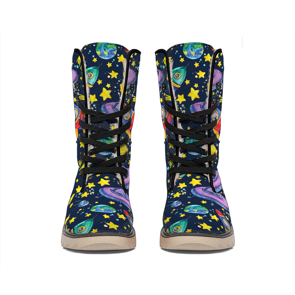 Watercolor Rocket Pattern Print Winter Boots