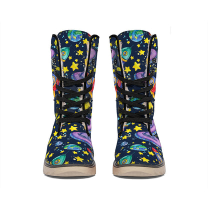 Watercolor Rocket Pattern Print Winter Boots
