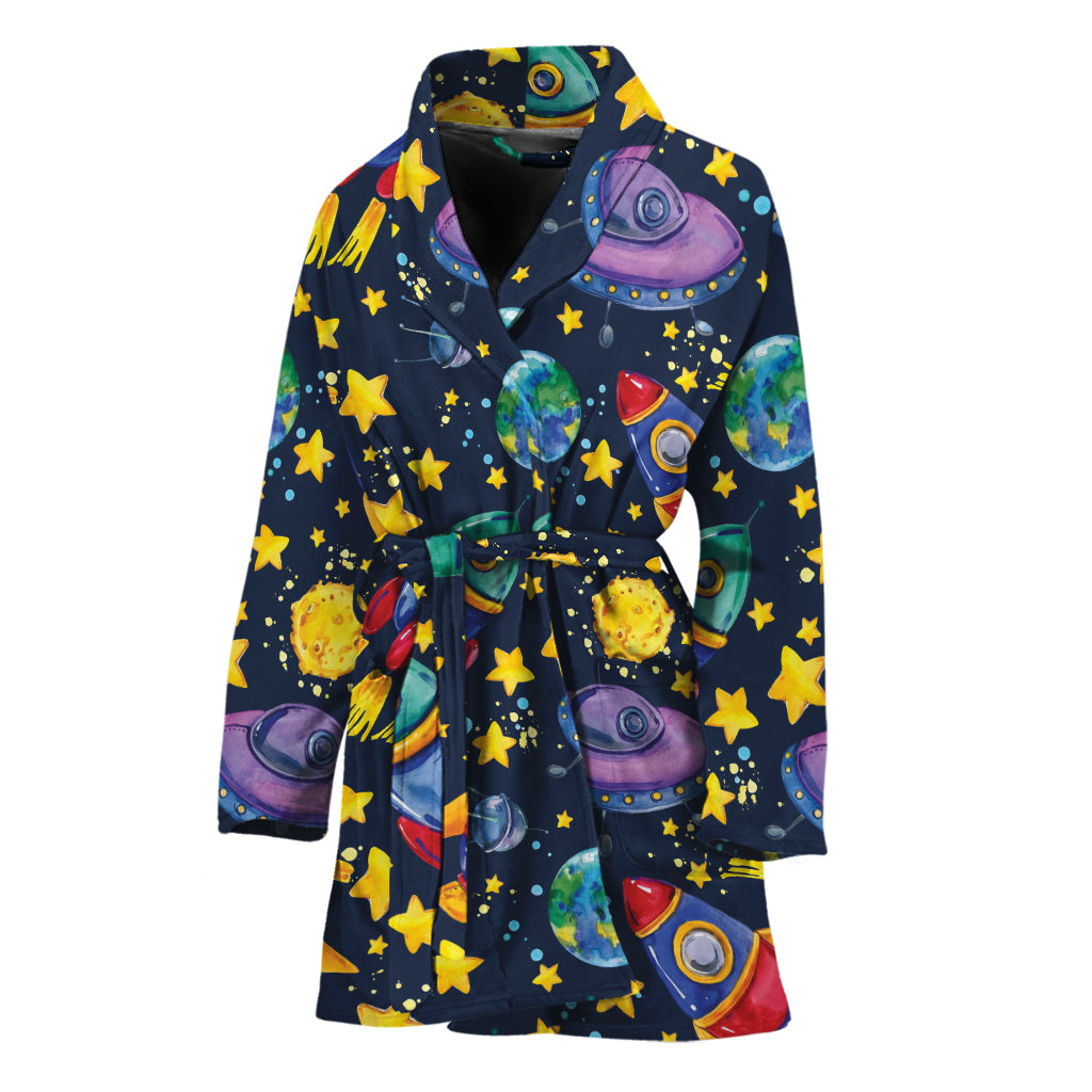 Watercolor Rocket Pattern Print Women's Bathrobe