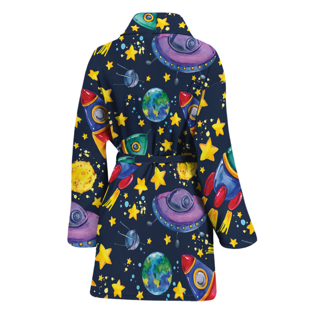 Watercolor Rocket Pattern Print Women's Bathrobe