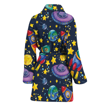 Watercolor Rocket Pattern Print Women's Bathrobe