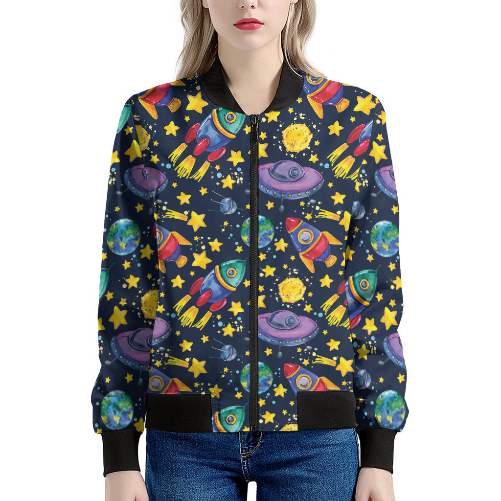 Watercolor Rocket Pattern Print Women's Bomber Jacket