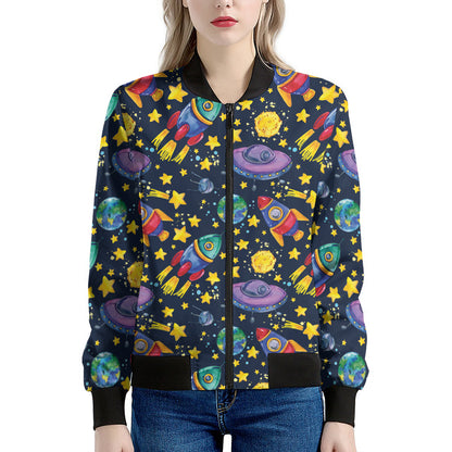 Watercolor Rocket Pattern Print Women's Bomber Jacket