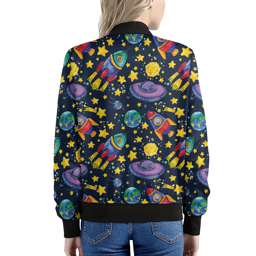 Watercolor Rocket Pattern Print Women's Bomber Jacket
