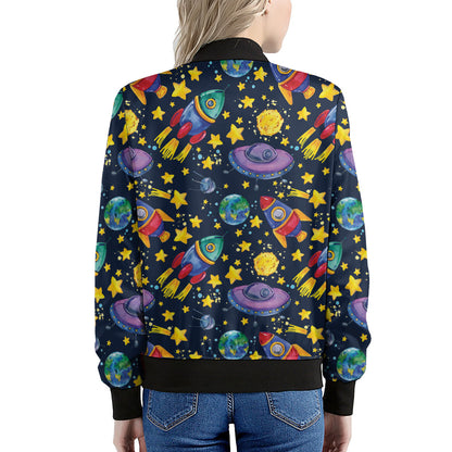 Watercolor Rocket Pattern Print Women's Bomber Jacket
