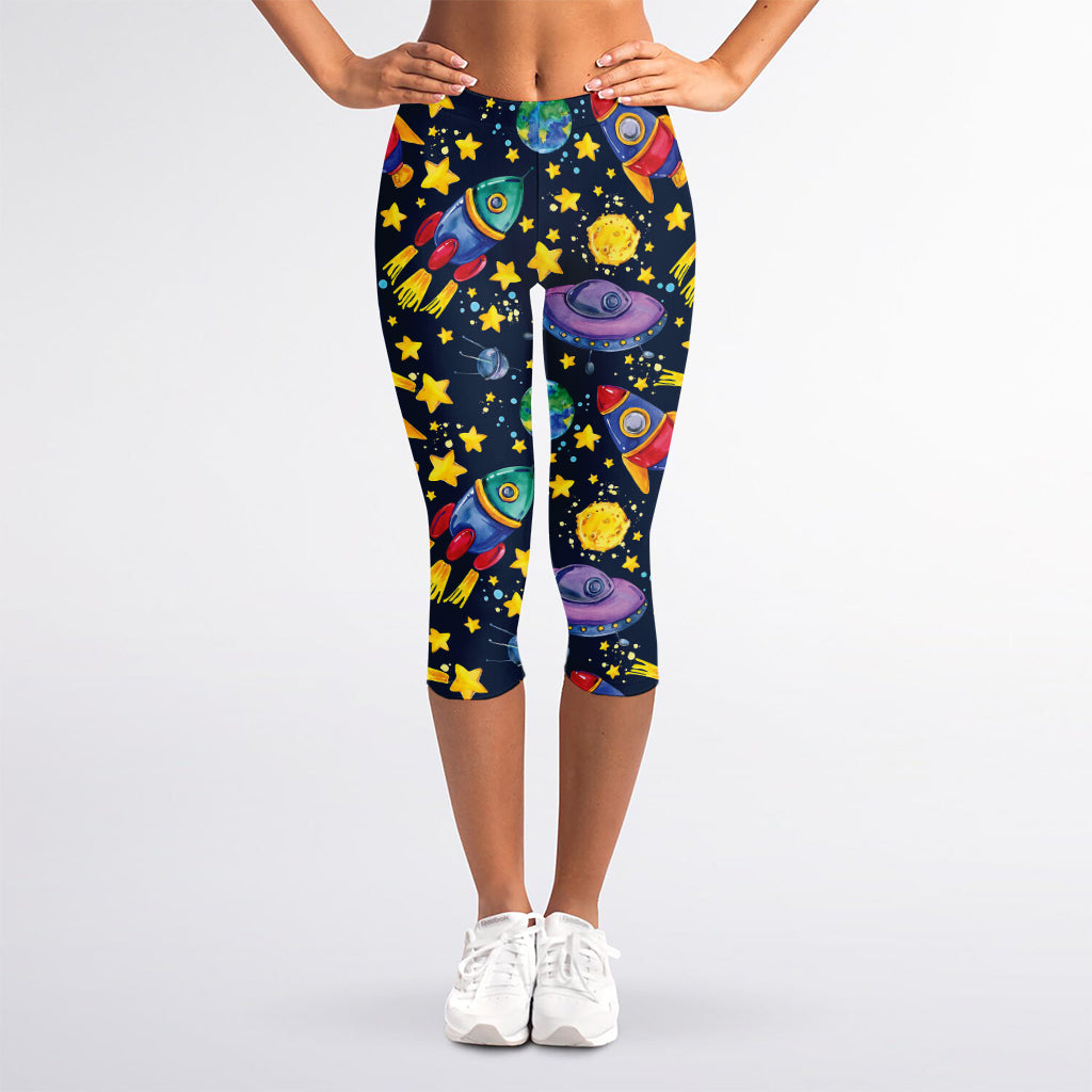 Watercolor Rocket Pattern Print Women's Capri Leggings