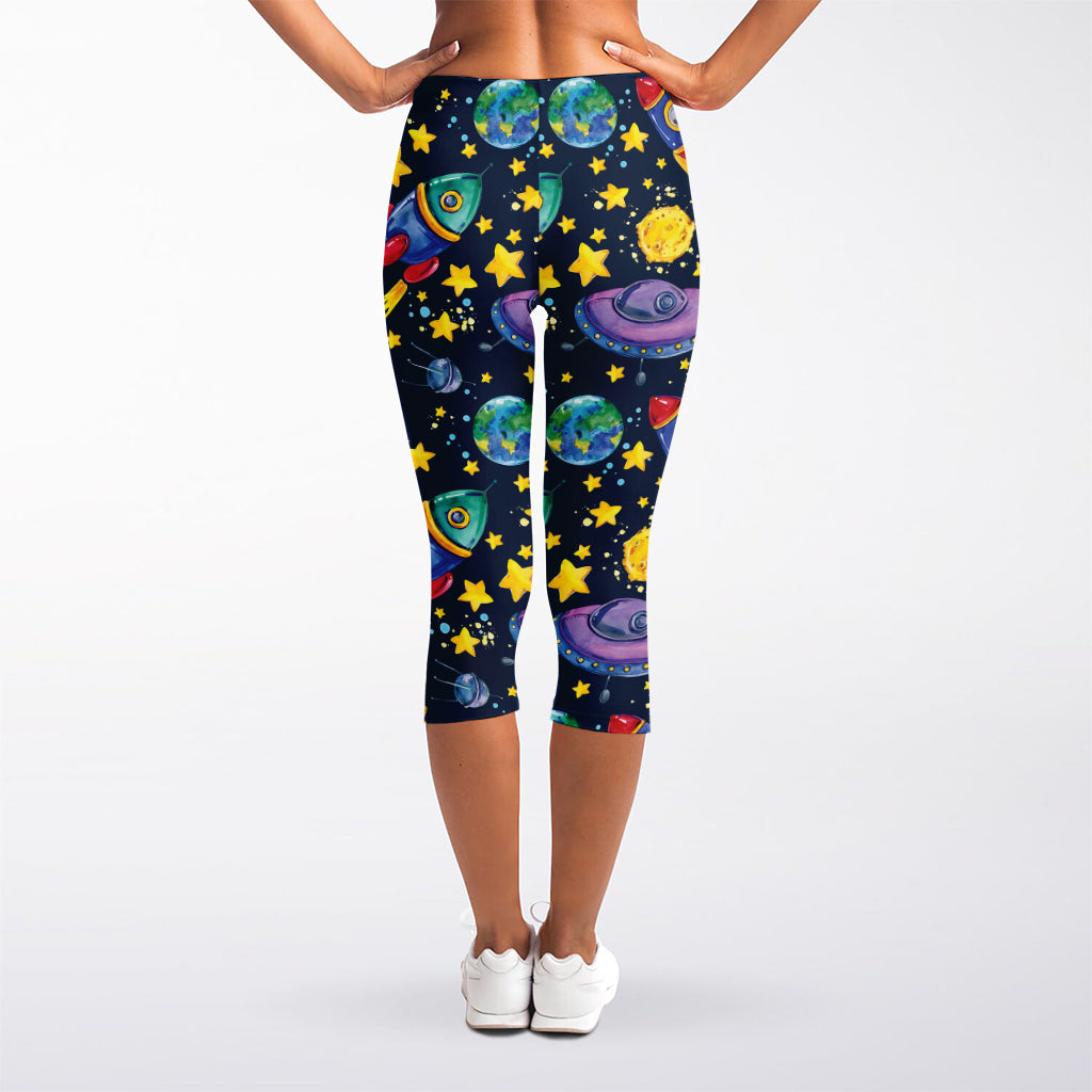Watercolor Rocket Pattern Print Women's Capri Leggings