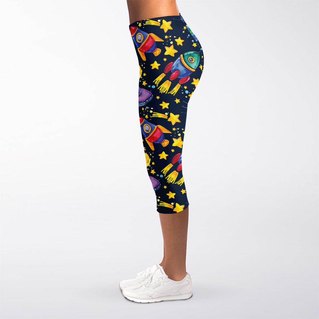 Watercolor Rocket Pattern Print Women's Capri Leggings