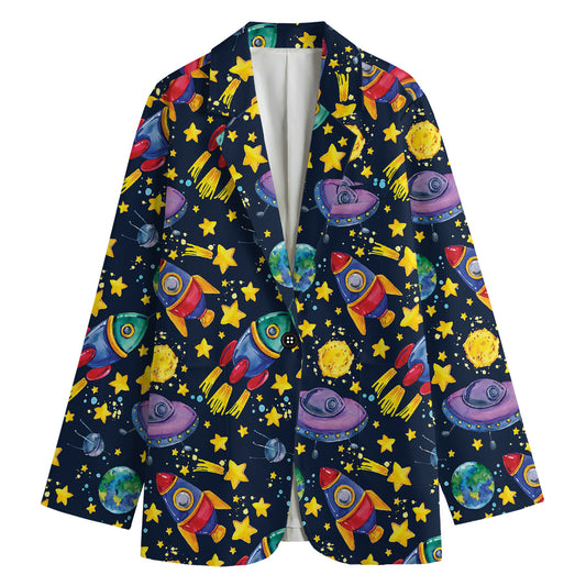 Watercolor Rocket Pattern Print Women's Cotton Blazer