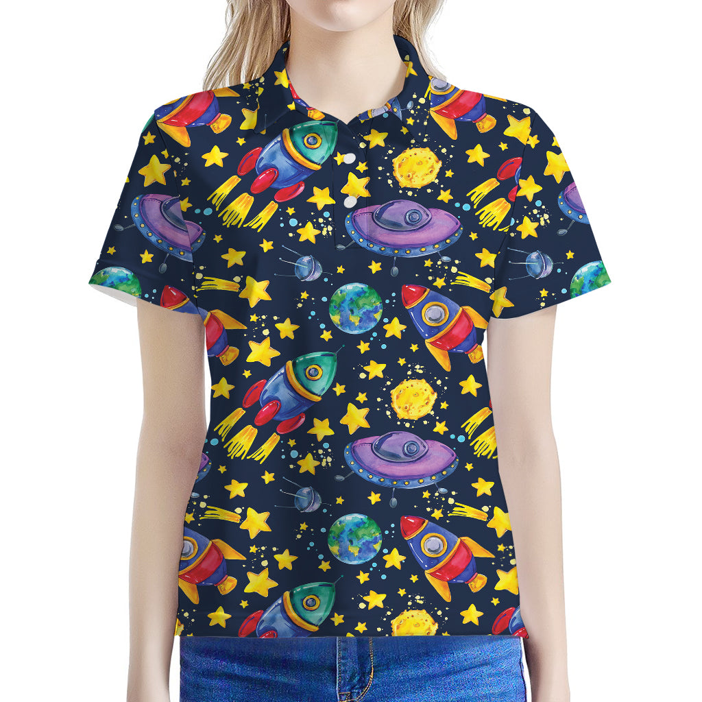 Watercolor Rocket Pattern Print Women's Polo Shirt