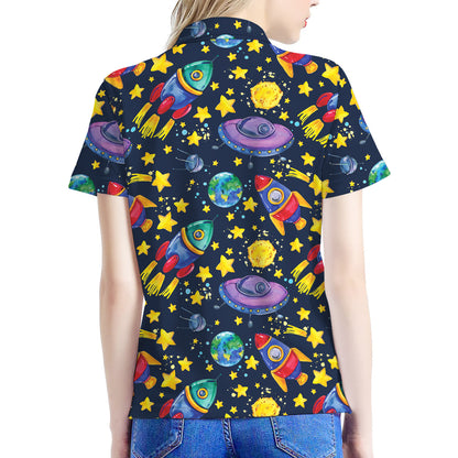 Watercolor Rocket Pattern Print Women's Polo Shirt