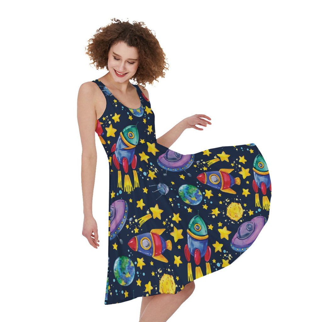 Watercolor Rocket Pattern Print Women's Sleeveless Dress