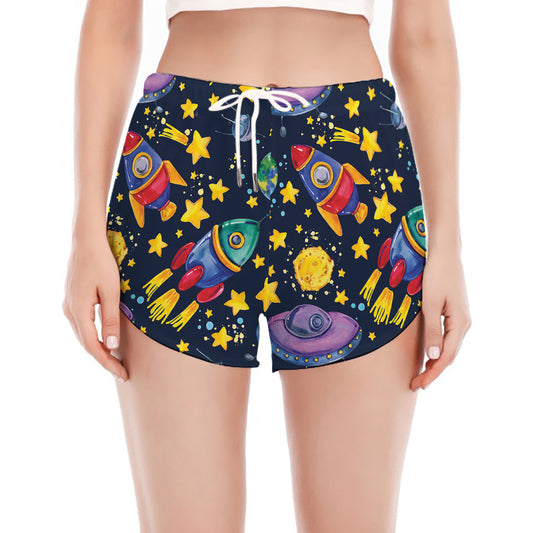 Watercolor Rocket Pattern Print Women's Split Running Shorts