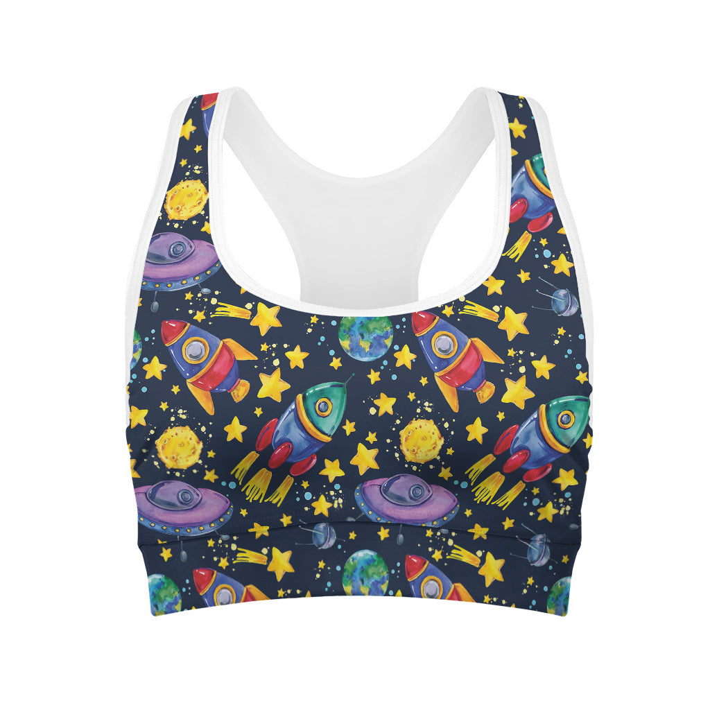 Watercolor Rocket Pattern Print Women's Sports Bra