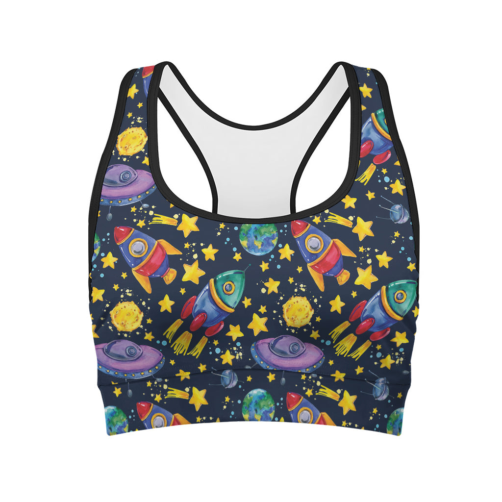 Watercolor Rocket Pattern Print Women's Sports Bra