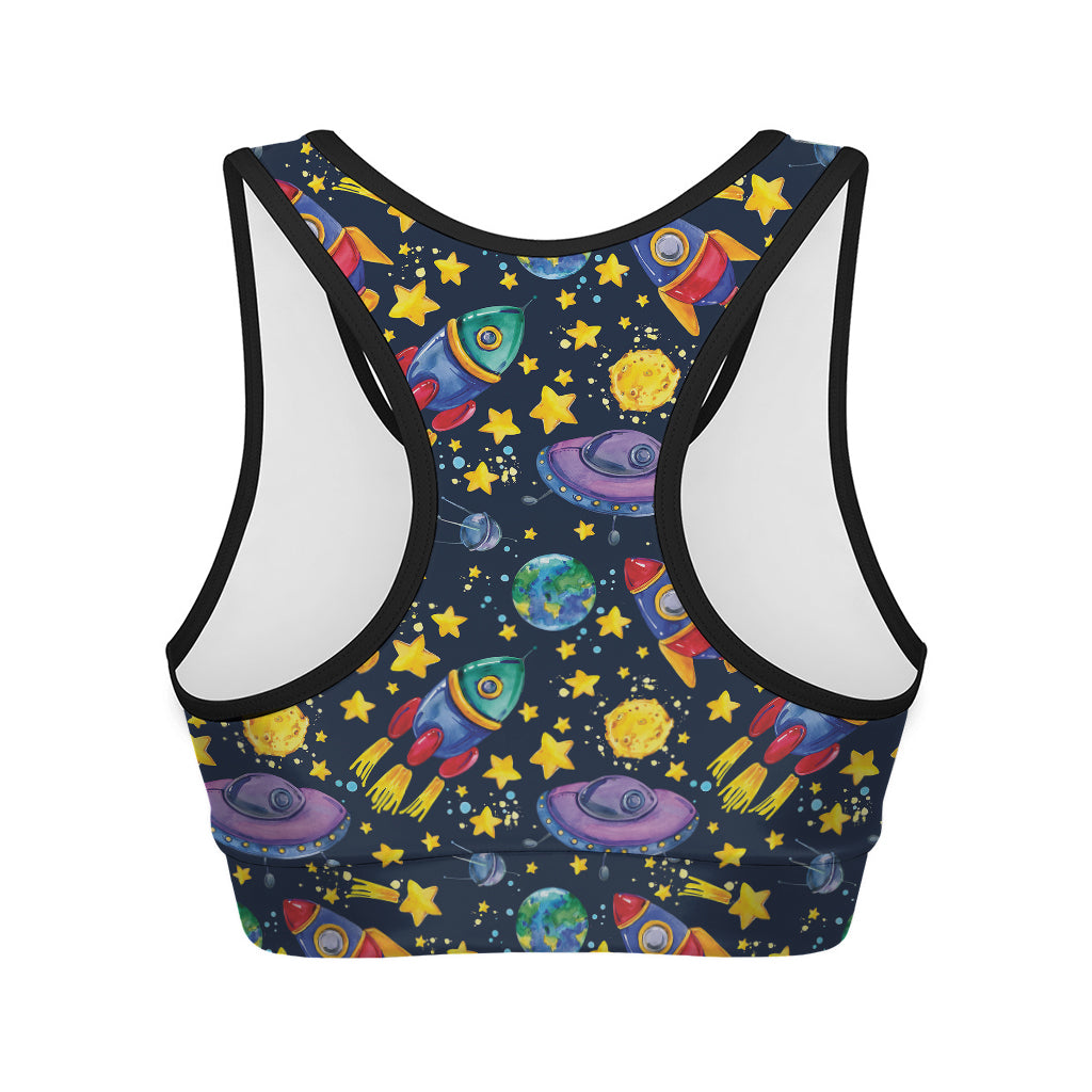 Watercolor Rocket Pattern Print Women's Sports Bra