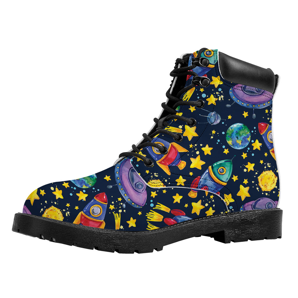 Watercolor Rocket Pattern Print Work Boots