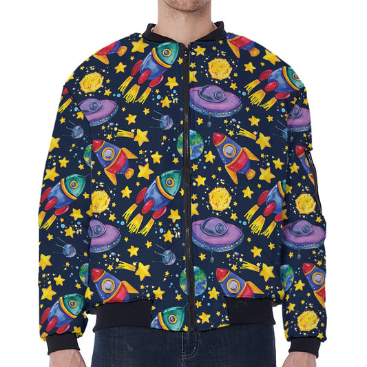 Watercolor Rocket Pattern Print Zip Sleeve Bomber Jacket