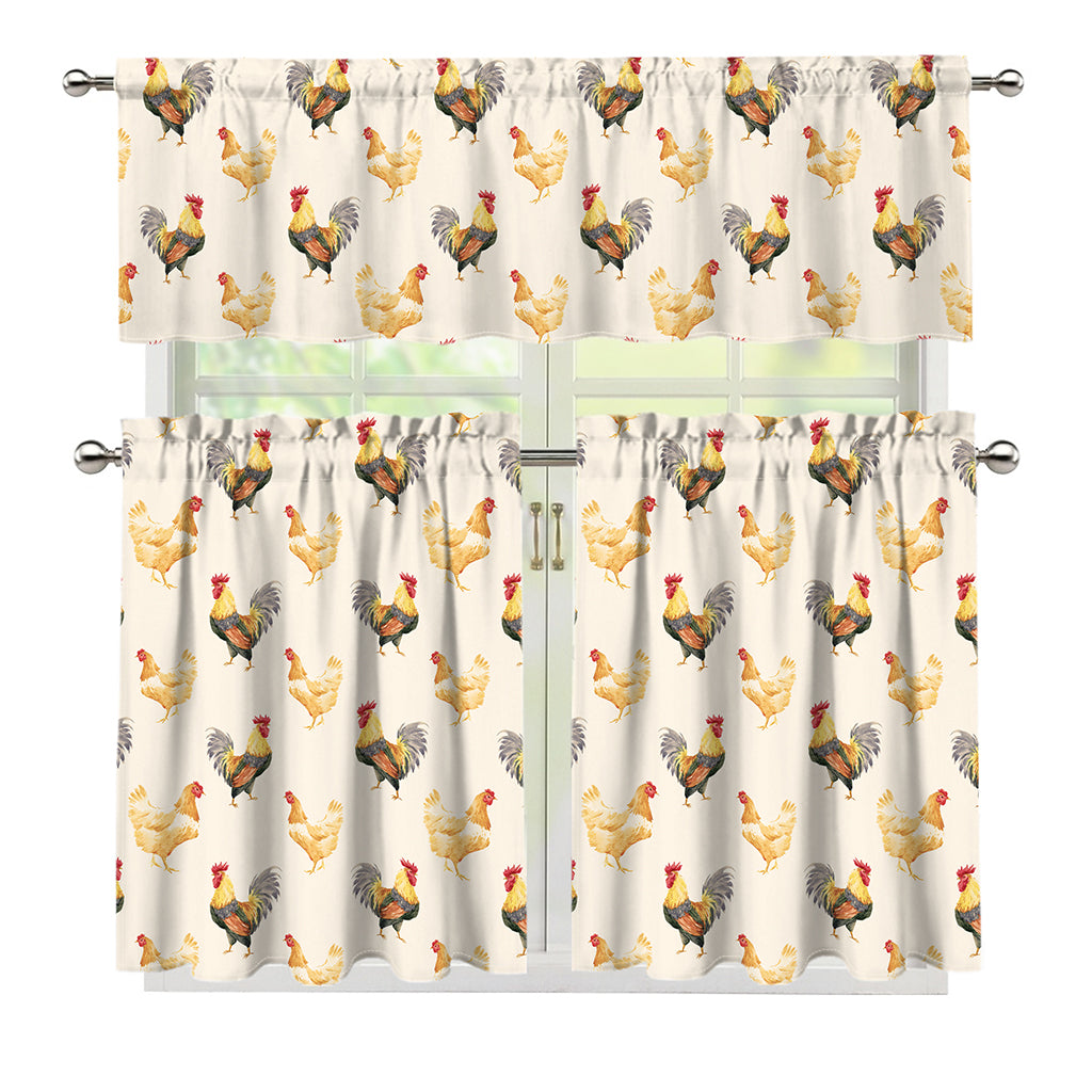 Watercolor Rooster Pattern Print 3 Piece Kitchen Curtains