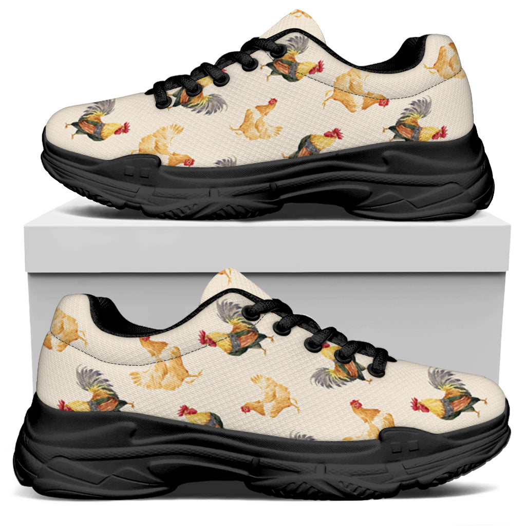 Watercolor Rooster Pattern Print Black Chunky Shoes