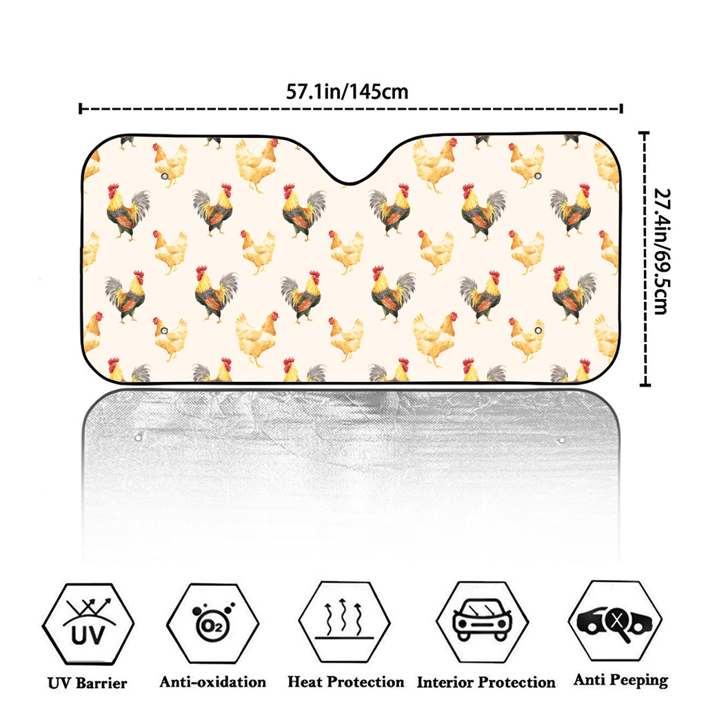 Watercolor Rooster Pattern Print Car Windshield Sun Shade