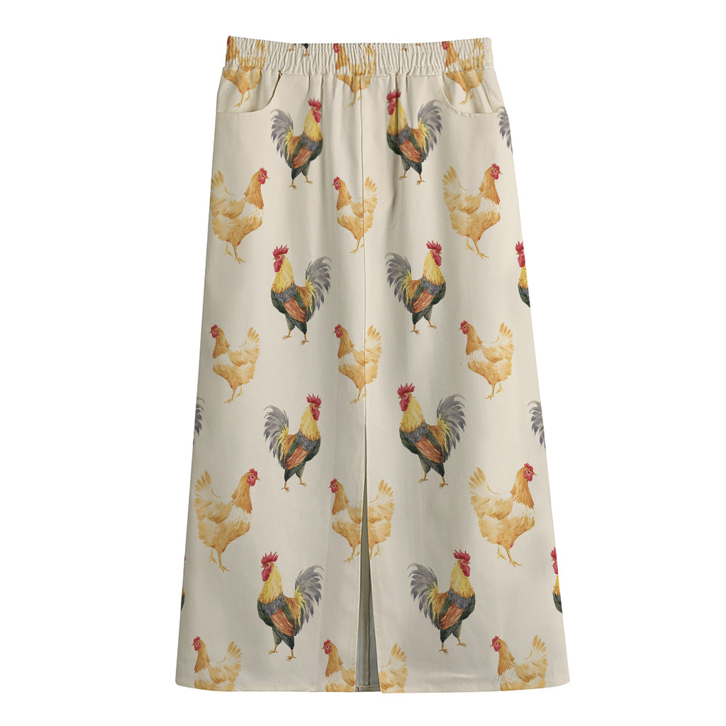 Watercolor Rooster Pattern Print Cotton Front Slit Maxi Skirt