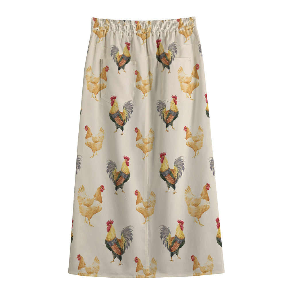 Watercolor Rooster Pattern Print Cotton Front Slit Maxi Skirt