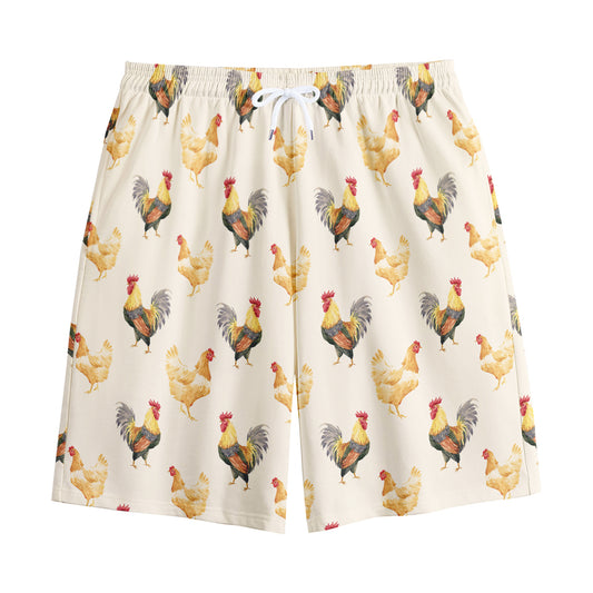 Watercolor Rooster Pattern Print Cotton Shorts