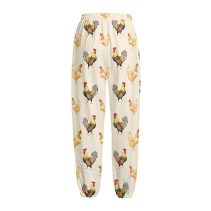 Watercolor Rooster Pattern Print Fleece Lined Knit Pants