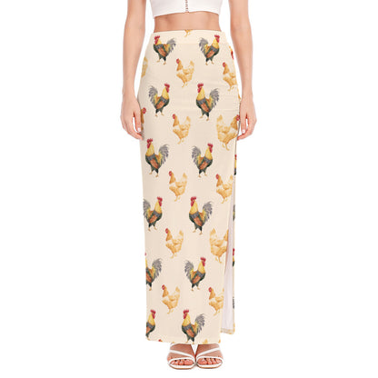Watercolor Rooster Pattern Print High Slit Maxi Skirt
