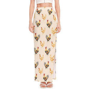 Watercolor Rooster Pattern Print High Slit Maxi Skirt