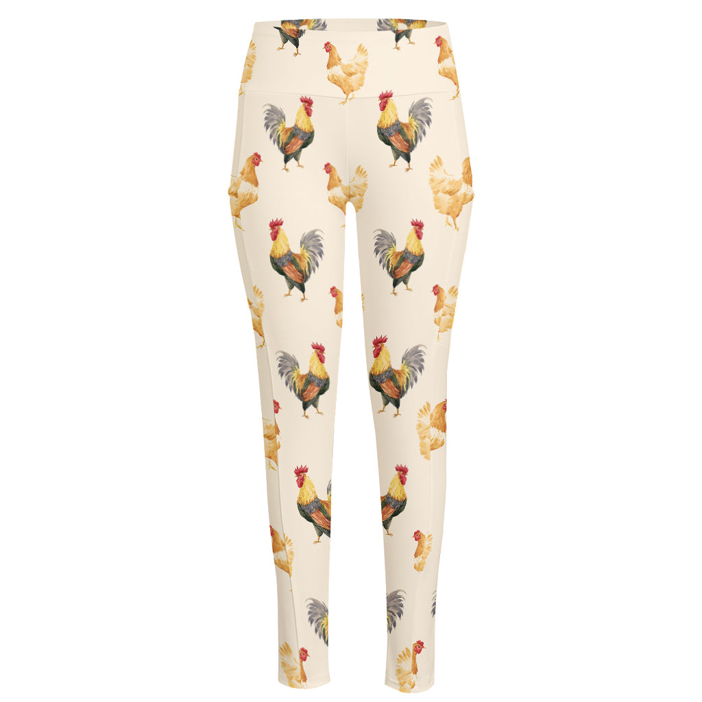 Watercolor Rooster Pattern Print High-Waisted Pocket Leggings