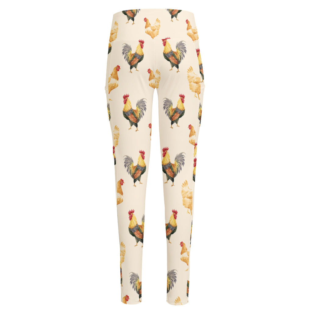 Watercolor Rooster Pattern Print High-Waisted Pocket Leggings