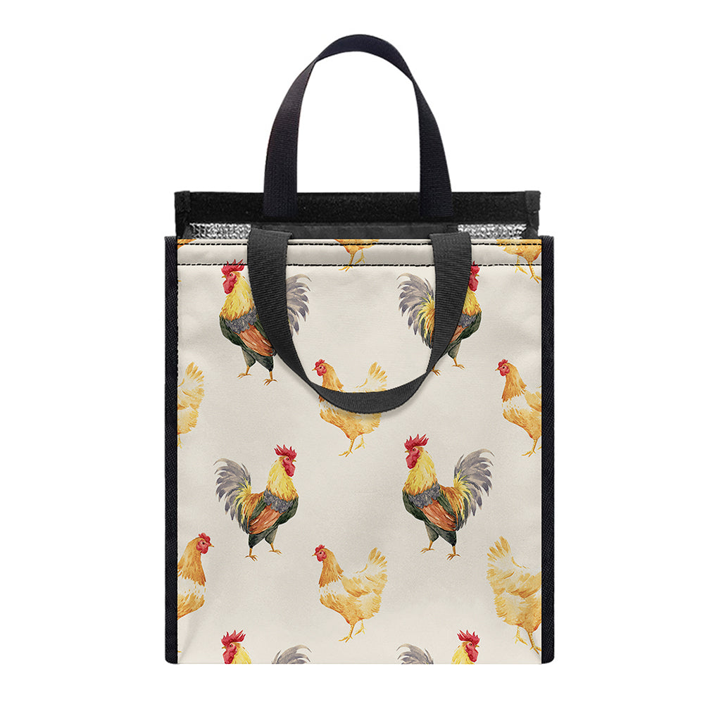 Watercolor Rooster Pattern Print Insulated Lunch Tote