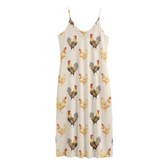 Watercolor Rooster Pattern Print Jersey Midi Cami Dress