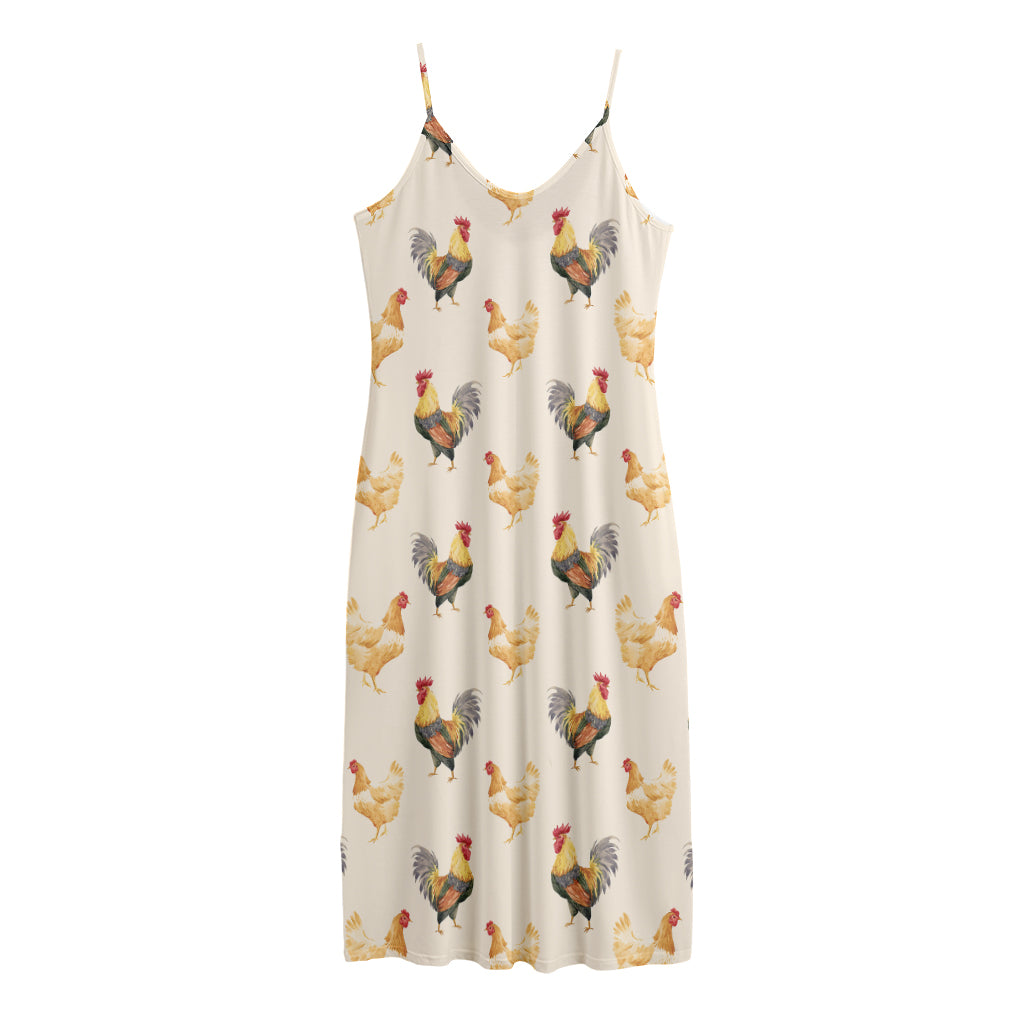 Watercolor Rooster Pattern Print Jersey Midi Cami Dress