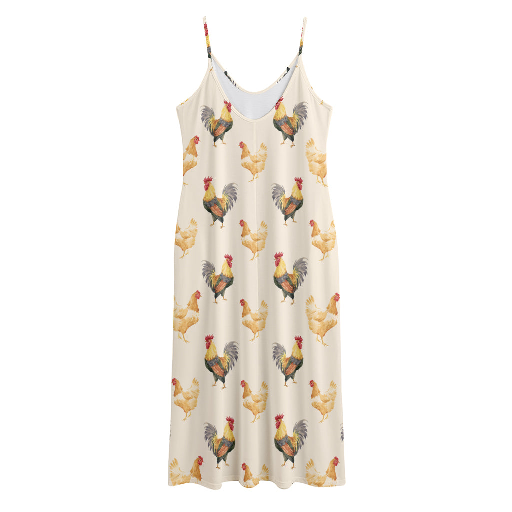 Watercolor Rooster Pattern Print Jersey Midi Cami Dress